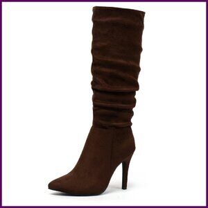Knee High Stiletto Boots Pointed Toe Slouchy Zipper Heels